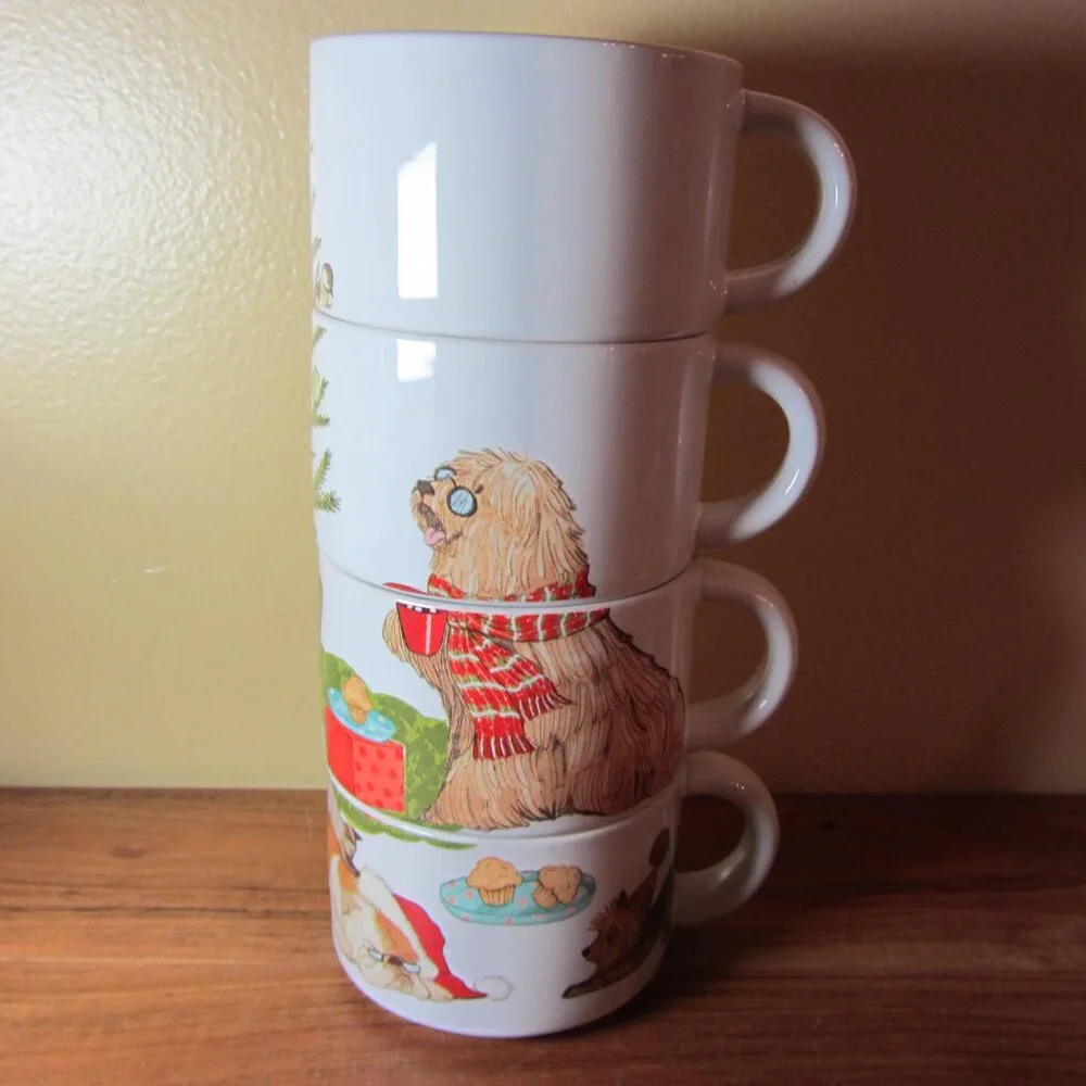 9 oz pier one mugs christmas morning pups dogs - set of 4 (W4709)